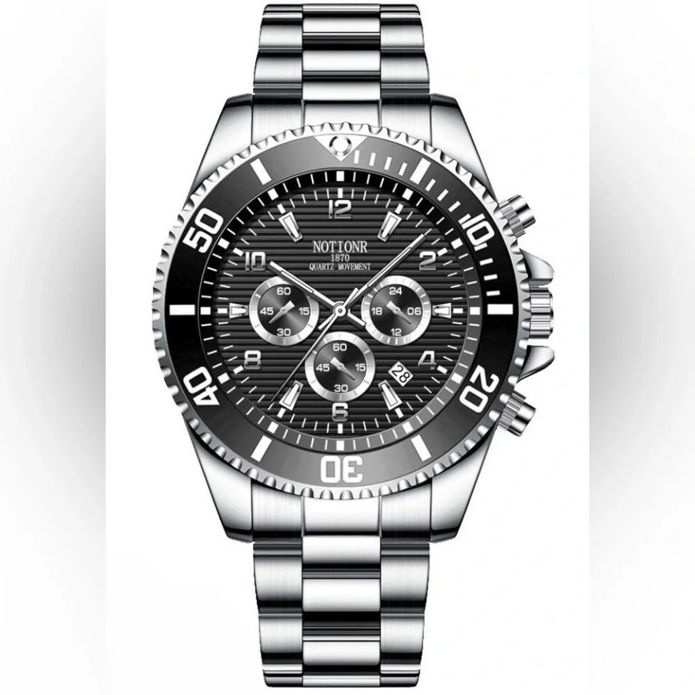 NOTIONR Black Dial Chronograph Silver Stainless Steel Quartz Watch